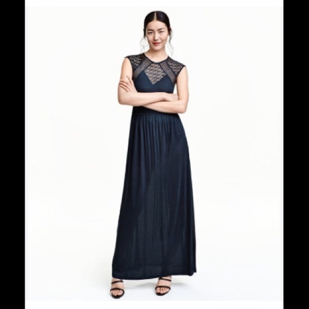 H&M Women Soft Modal Lace Top Navy Maxi Dress | M